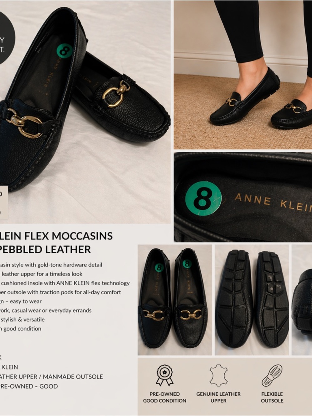 Anne Klein Black Pebbled Leather Moccasins with Gold-Tone Bit